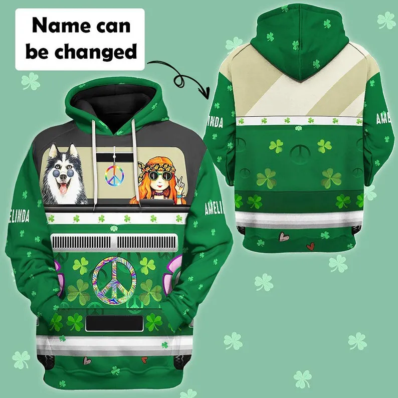 3D St Patrick's Day Husky Hippie Custom Name Hoodie FullSize