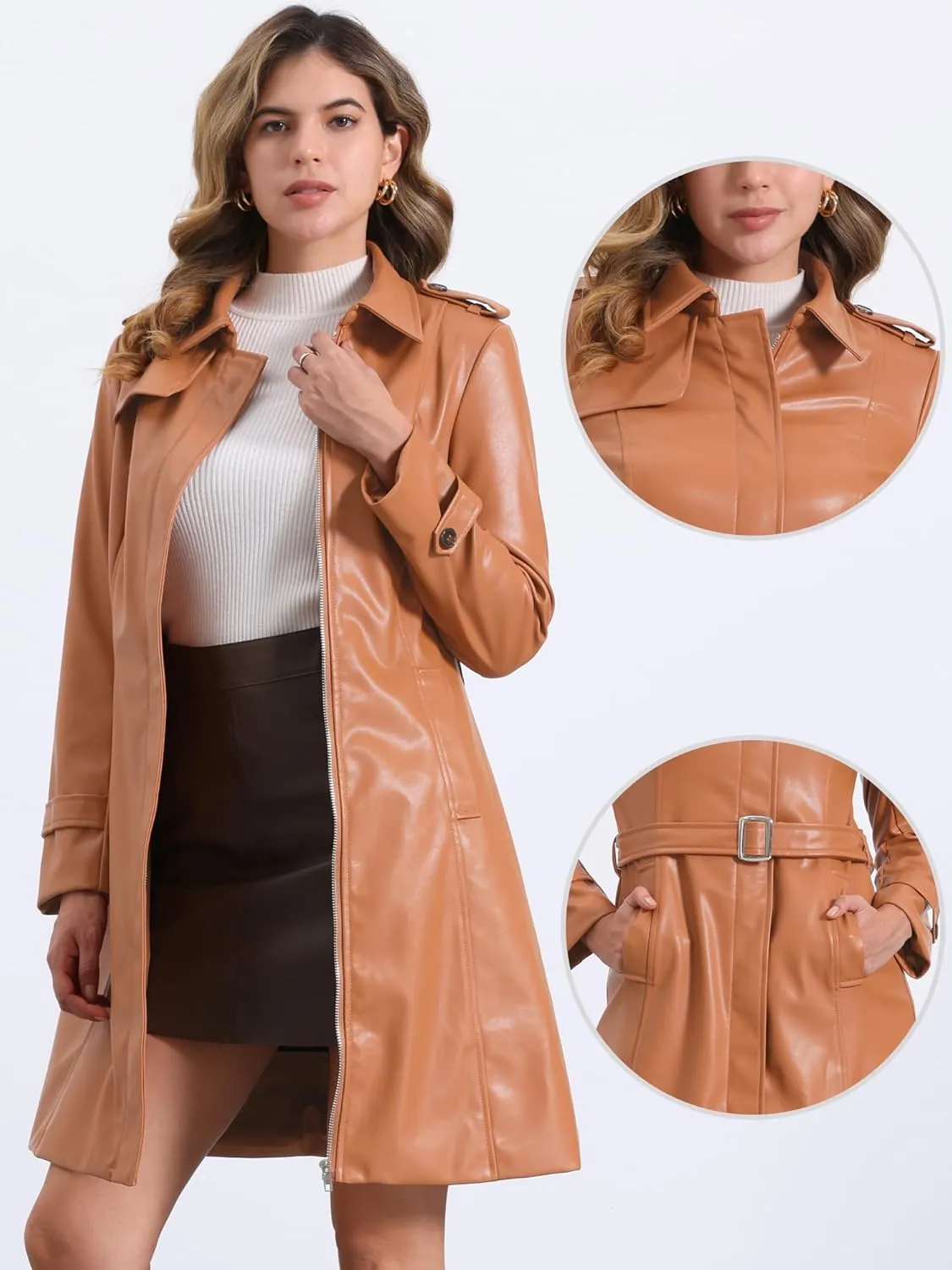 Allegra K Faux Leather Long Jacket for Women's Lapel Slim Fit Long Sleeve Zip Coat