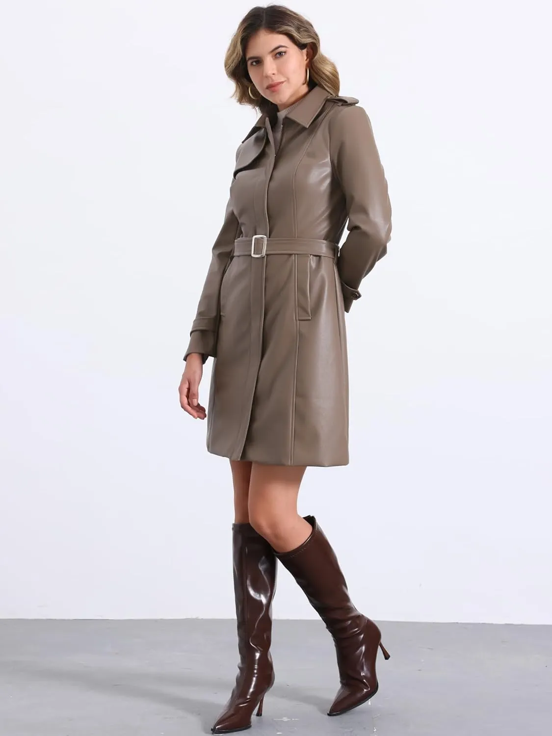 Allegra K Faux Leather Long Jacket for Women's Lapel Slim Fit Long Sleeve Zip Coat