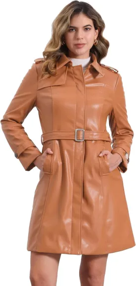 Allegra K Faux Leather Long Jacket for Women's Lapel Slim Fit Long Sleeve Zip Coat