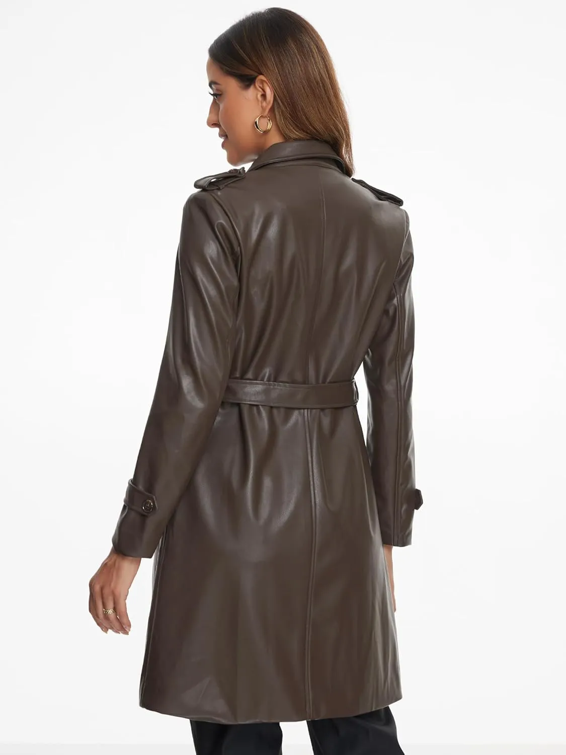 Allegra K Faux Leather Long Jacket for Women's Lapel Slim Fit Long Sleeve Zip Coat