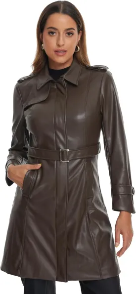 Allegra K Faux Leather Long Jacket for Women's Lapel Slim Fit Long Sleeve Zip Coat