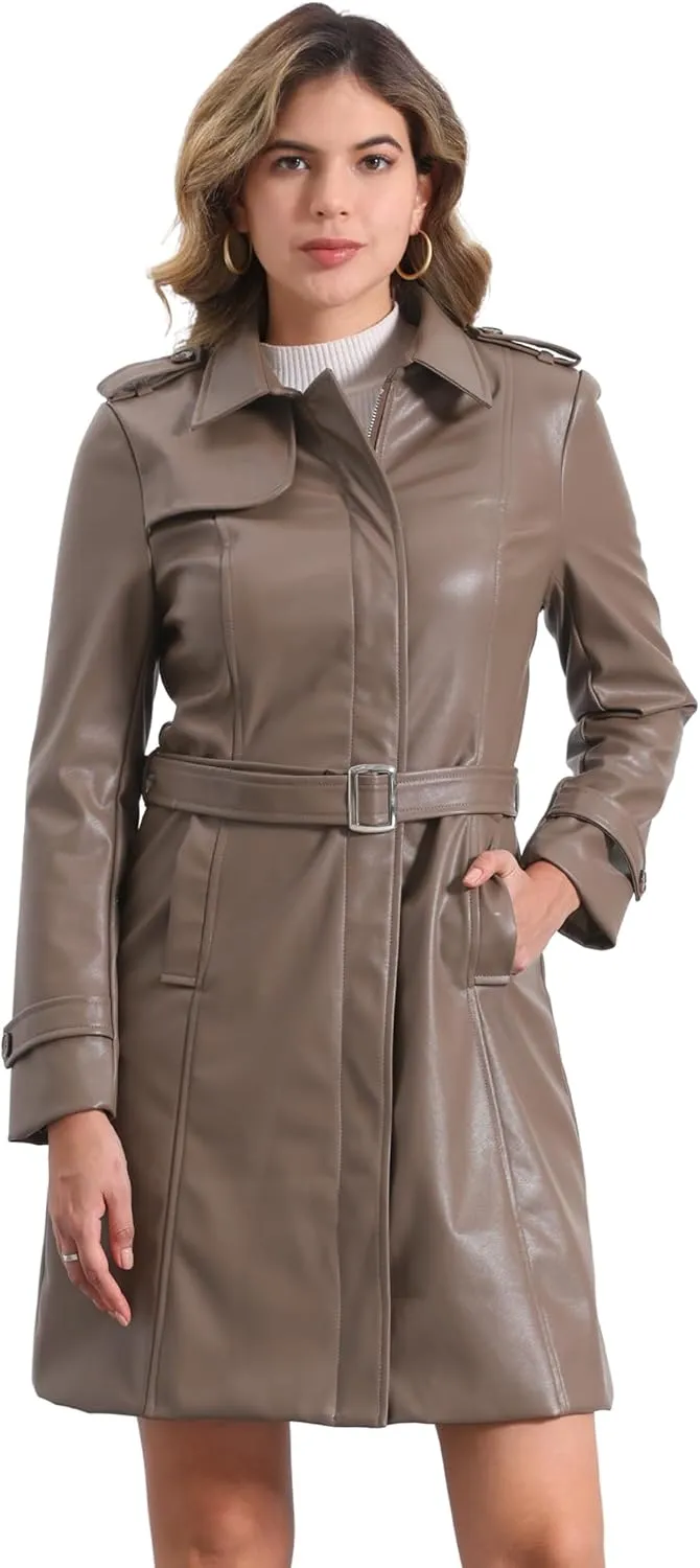 Allegra K Faux Leather Long Jacket for Women's Lapel Slim Fit Long Sleeve Zip Coat