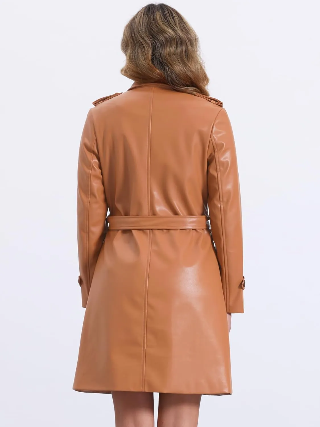Allegra K Faux Leather Long Jacket for Women's Lapel Slim Fit Long Sleeve Zip Coat