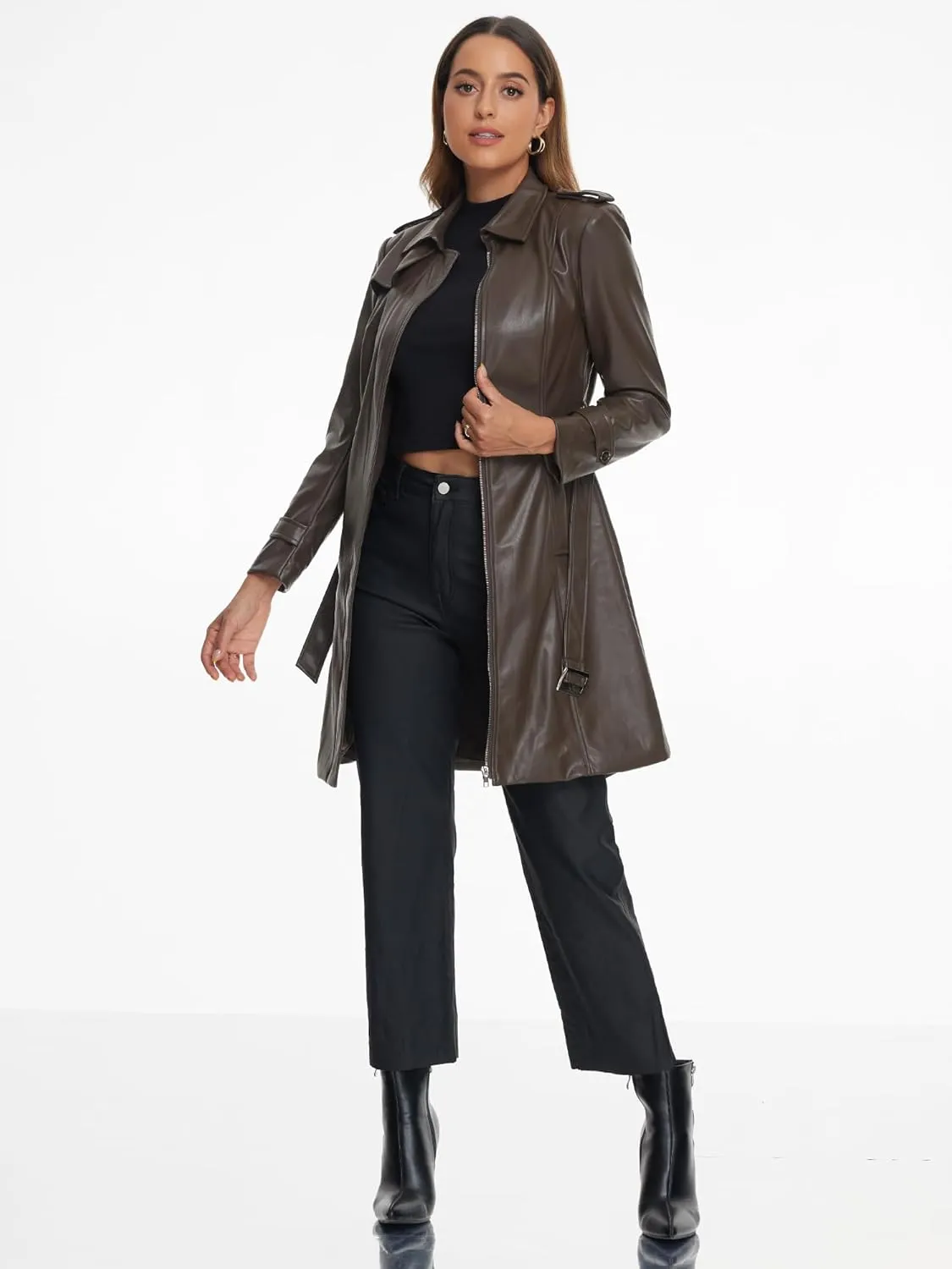 Allegra K Faux Leather Long Jacket for Women's Lapel Slim Fit Long Sleeve Zip Coat