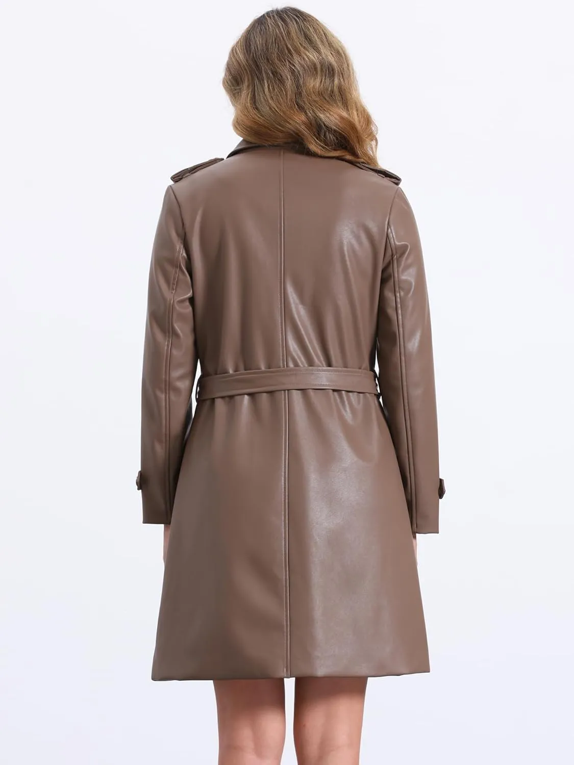 Allegra K Faux Leather Long Jacket for Women's Lapel Slim Fit Long Sleeve Zip Coat