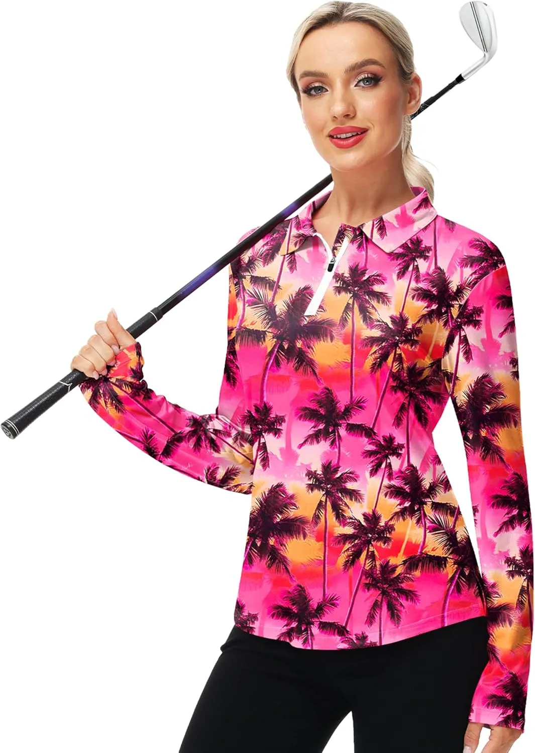 AOBUTE Women's Long Sleeve Golf Shirts Zip Polo Tennis Top with Thumb Hole