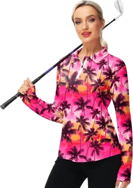 AOBUTE Women's Long Sleeve Golf Shirts Zip Polo Tennis Top with Thumb Hole