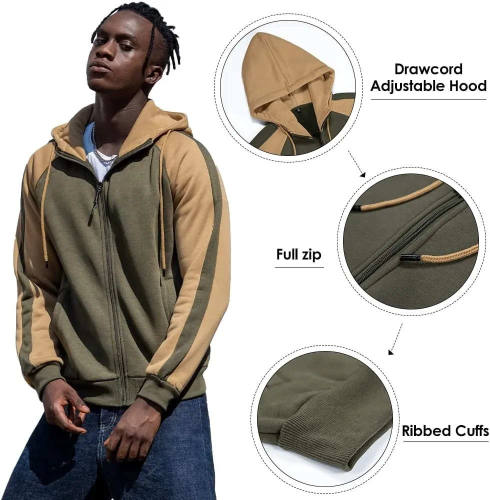AOTORR Men's Zip Up Hoodie Color Block Long Sleeve Casual Sweatshirt with Pocket