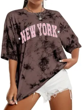 Avanova Women Letter Graphic Print Oversized Tee Shirt Short Sleeve Loose Fit Tops