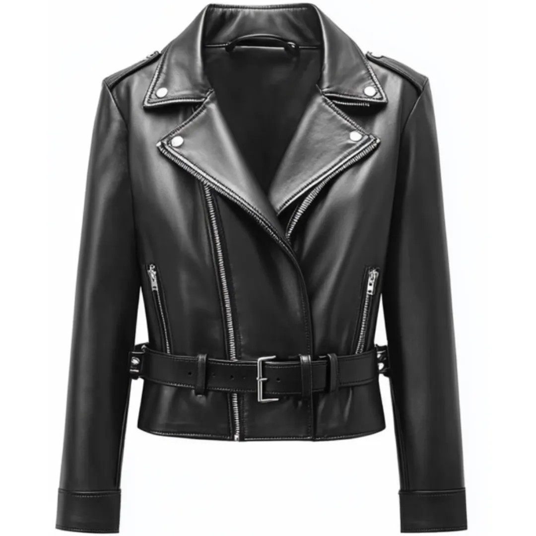 Black Leather Biker Jacket - Belted Classic Style | El Zoro