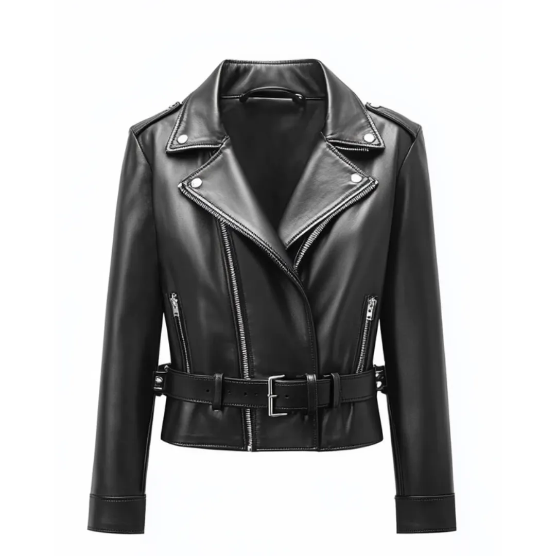 Black Leather Biker Jacket - Belted Classic Style | El Zoro