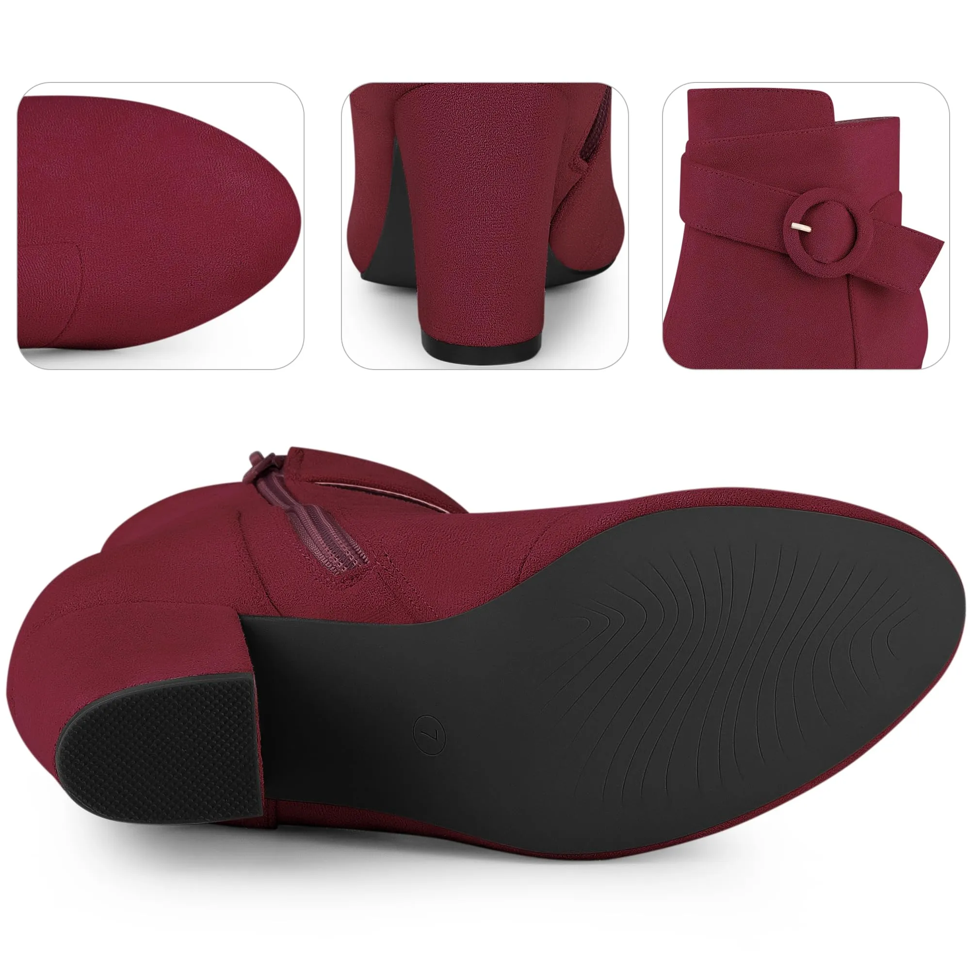 Burgundy Chic Suede Round Toe Buckle Heel Ankle Boots