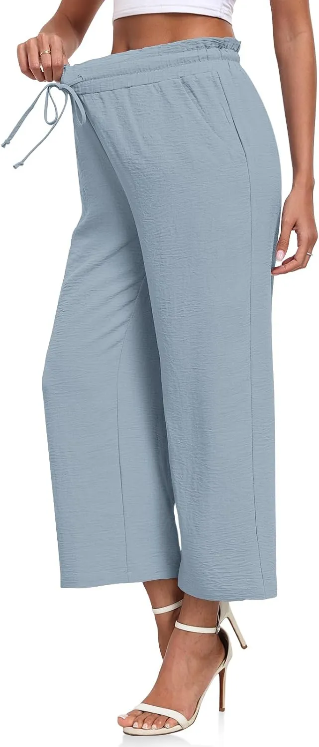 CATHY Womens Casual Wide Leg Pants Drawstring High Waisted Trousers with Pockets