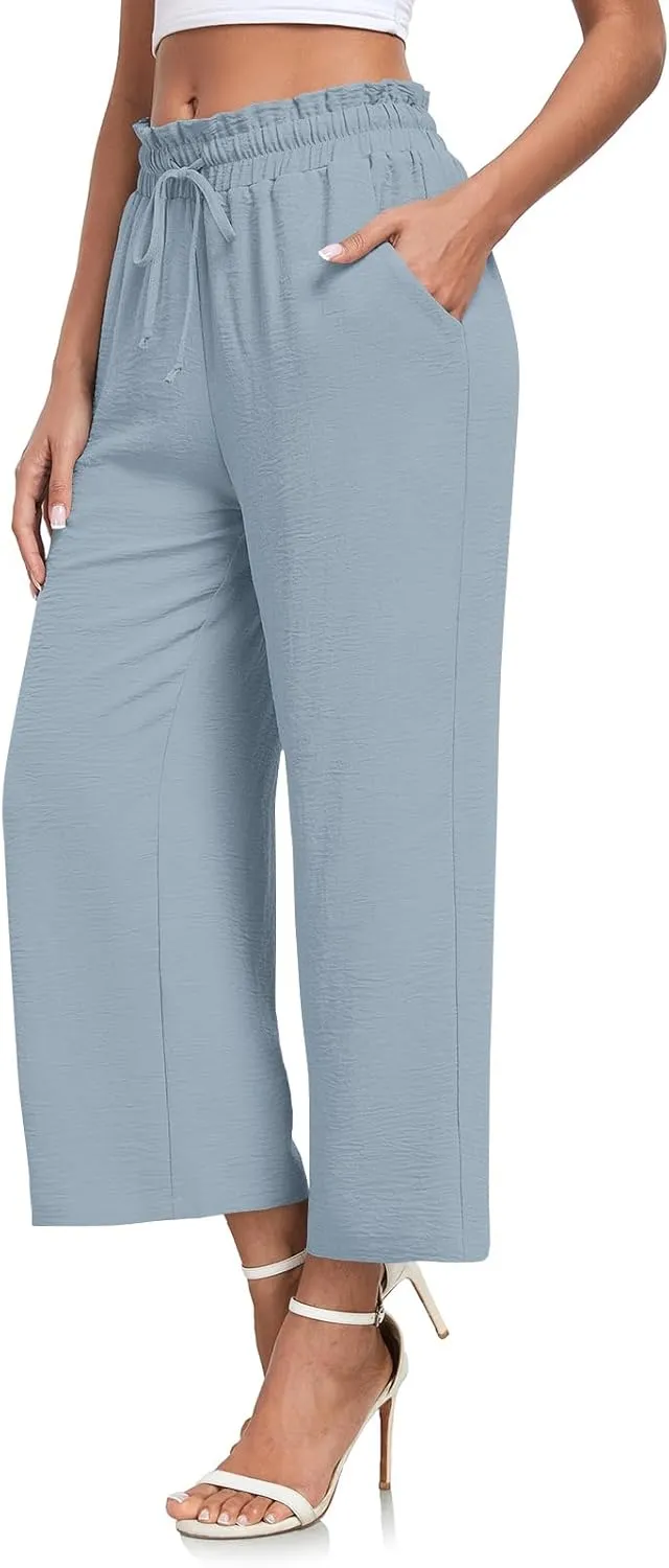 CATHY Womens Casual Wide Leg Pants Drawstring High Waisted Trousers with Pockets