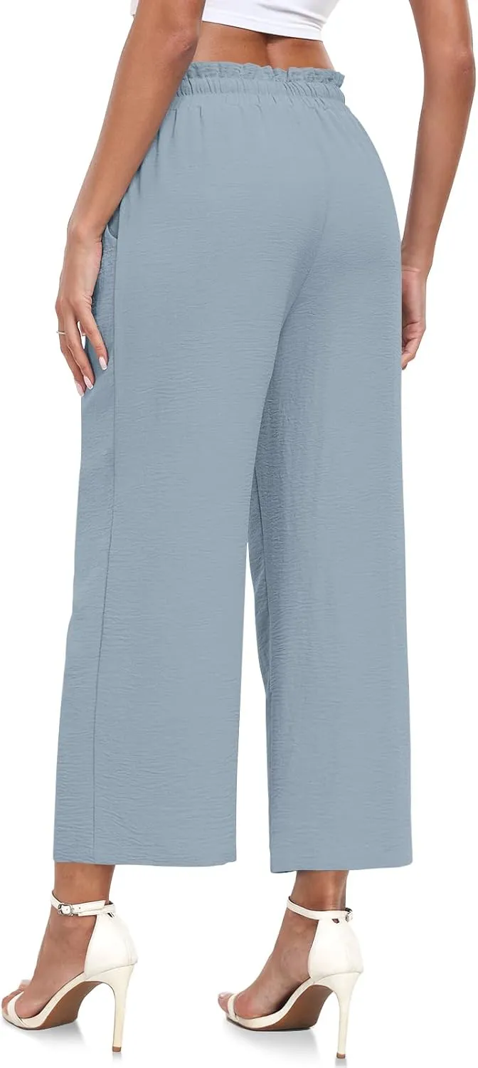 CATHY Womens Casual Wide Leg Pants Drawstring High Waisted Trousers with Pockets