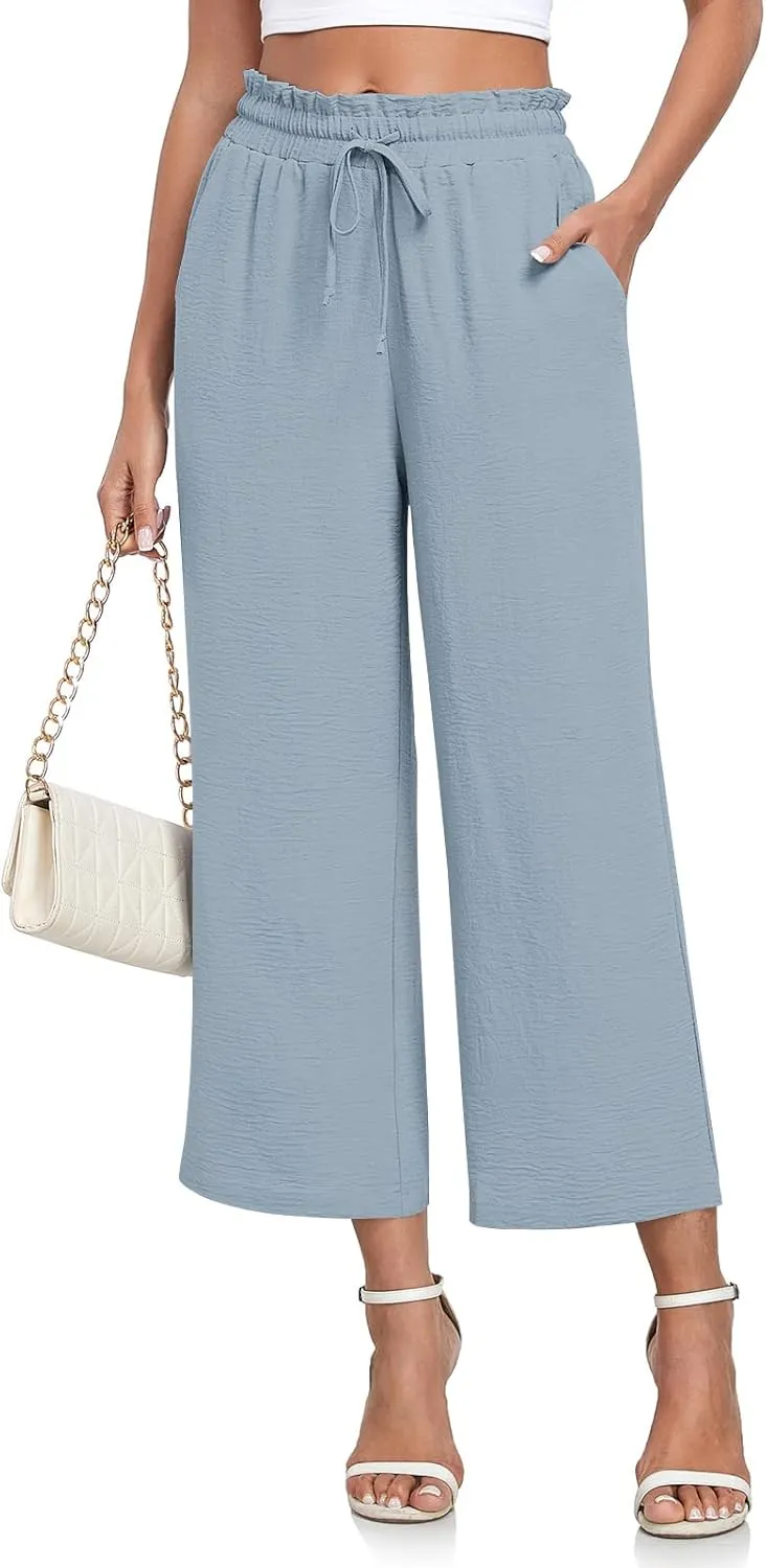 CATHY Womens Casual Wide Leg Pants Drawstring High Waisted Trousers with Pockets