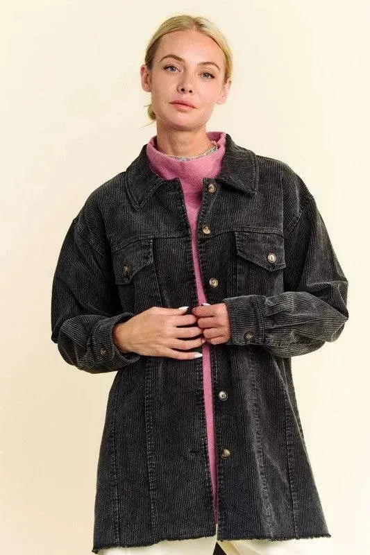 Davi & Dani Distressed Washed Corduroy Button-Up Jacket