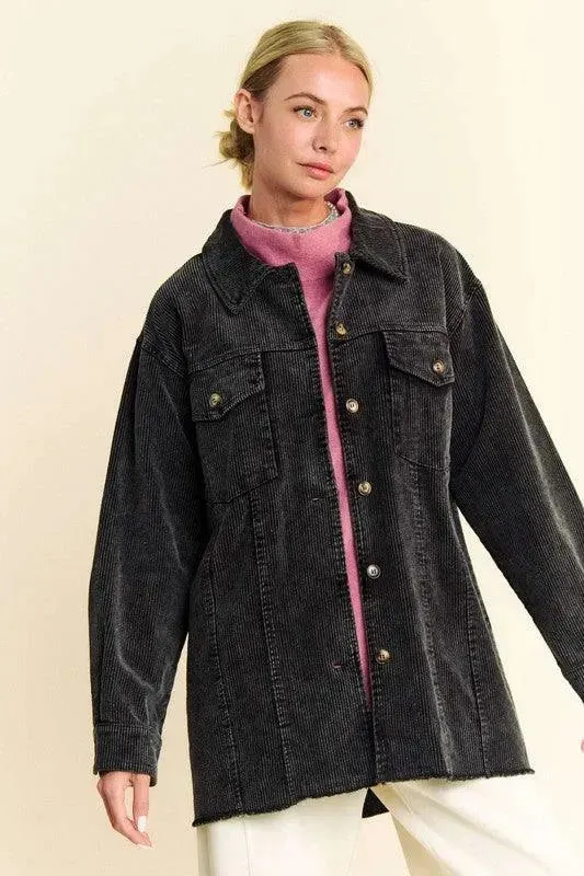 Davi & Dani Distressed Washed Corduroy Button-Up Jacket