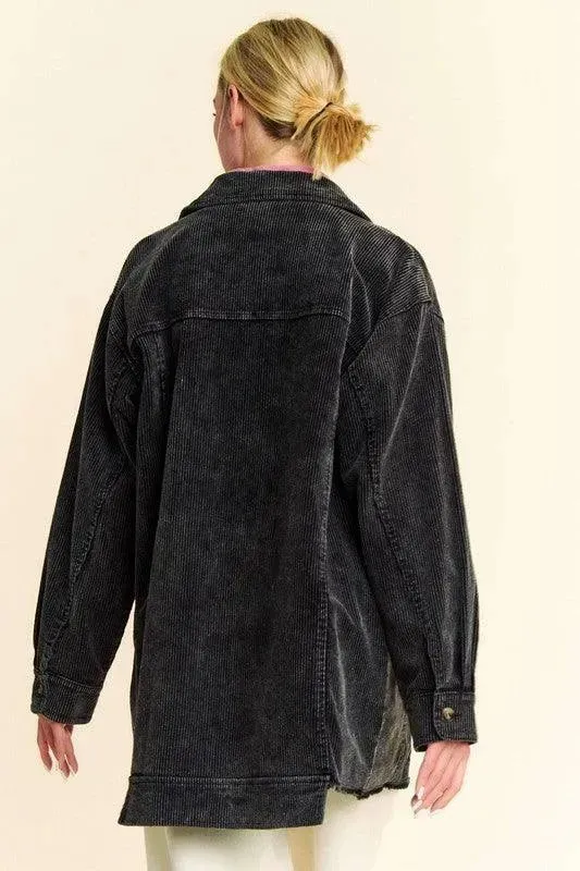 Davi & Dani Distressed Washed Corduroy Button-Up Jacket