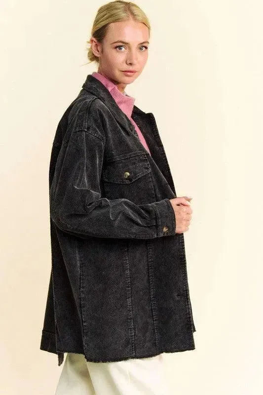 Davi & Dani Distressed Washed Corduroy Button-Up Jacket