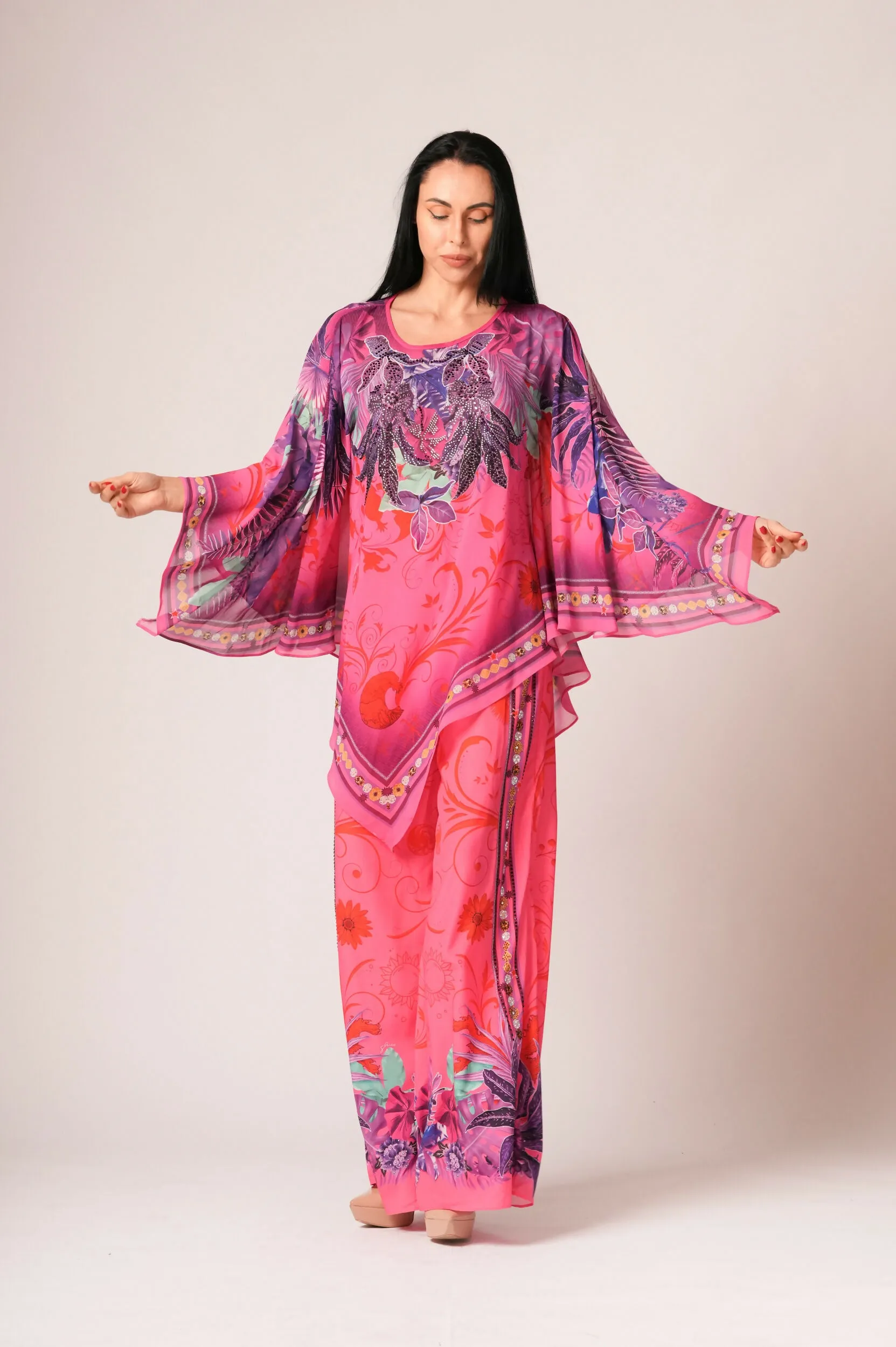 ELT Women Abaya Fuchsia Dress Printed Colorful Elegant Comfortable 9354 Model
