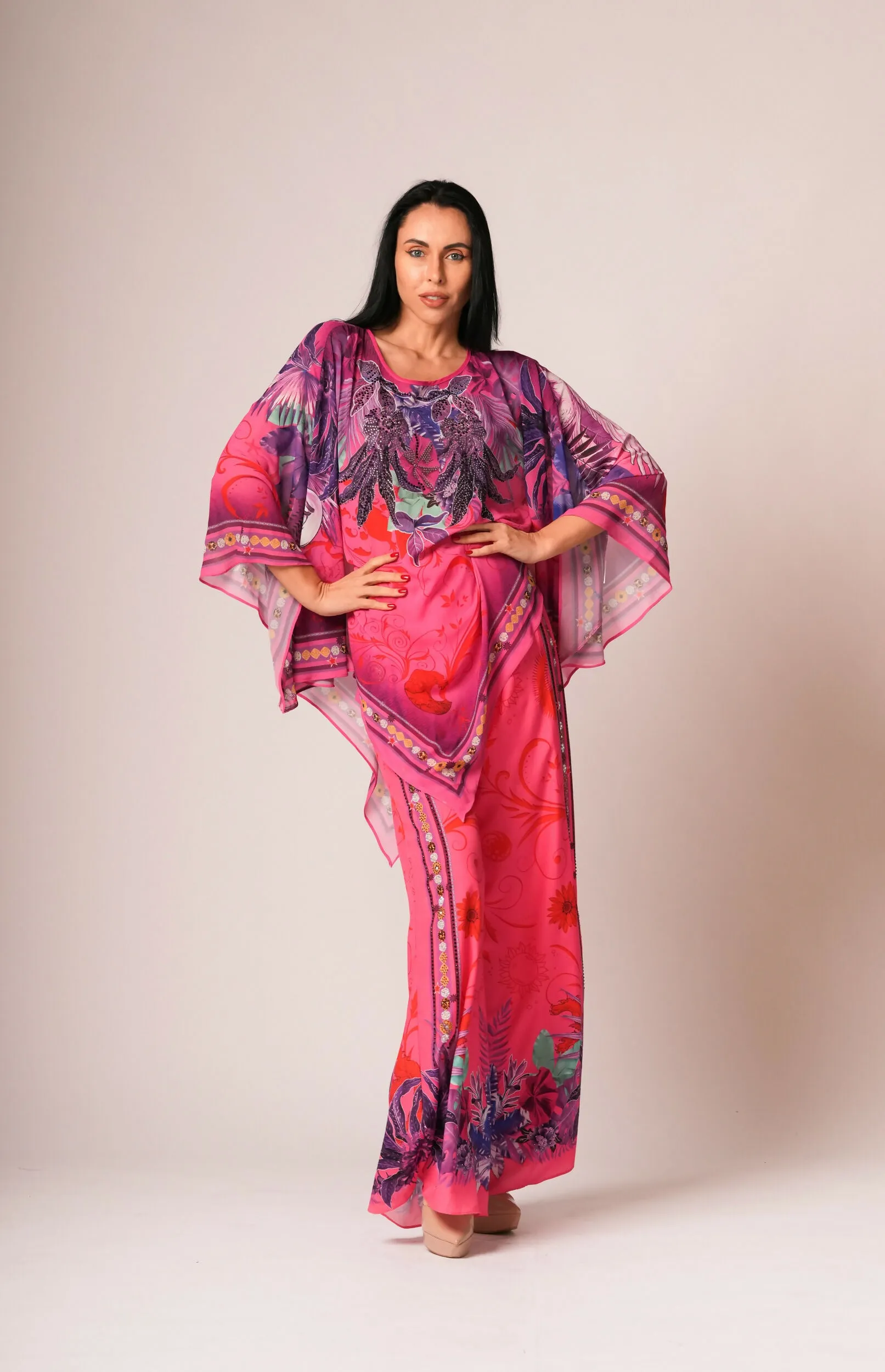 ELT Women Abaya Fuchsia Dress Printed Colorful Elegant Comfortable 9354 Model