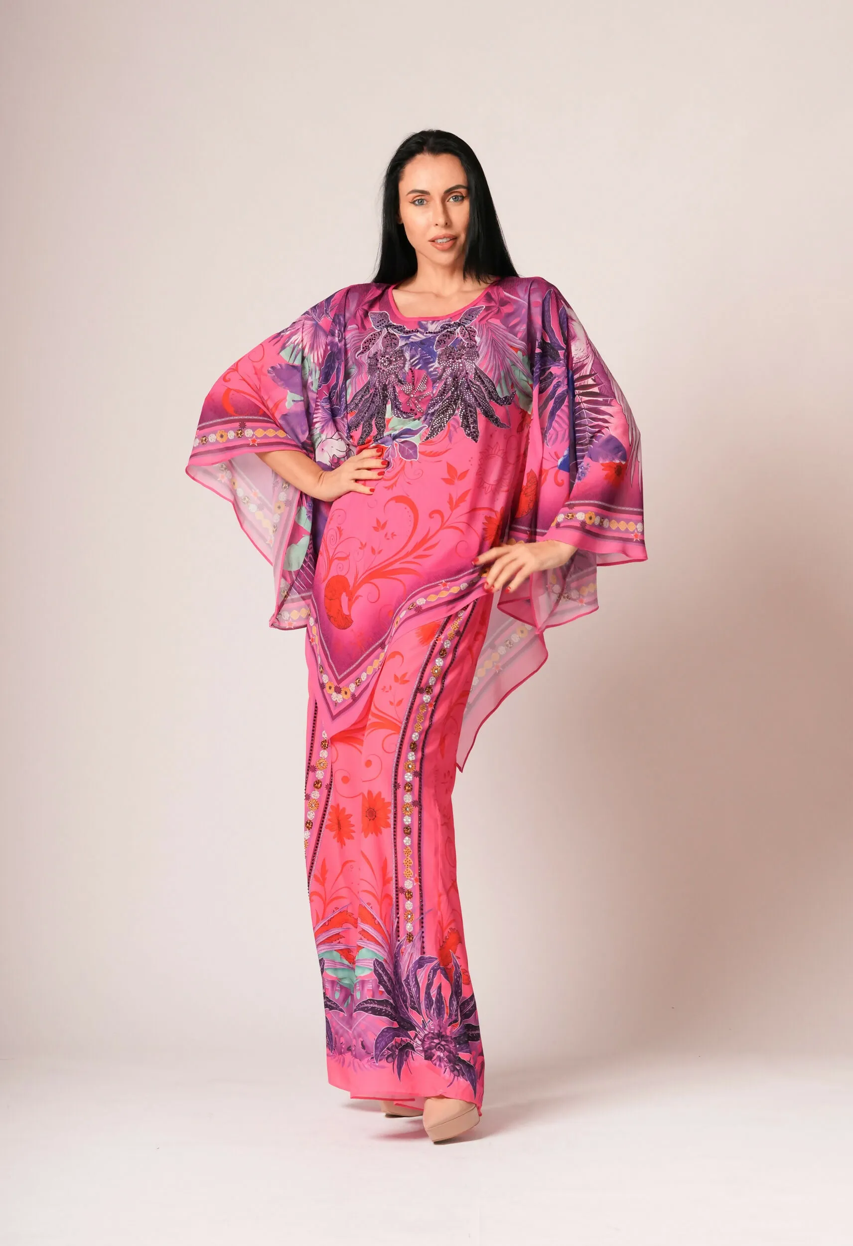 ELT Women Abaya Fuchsia Dress Printed Colorful Elegant Comfortable 9354 Model