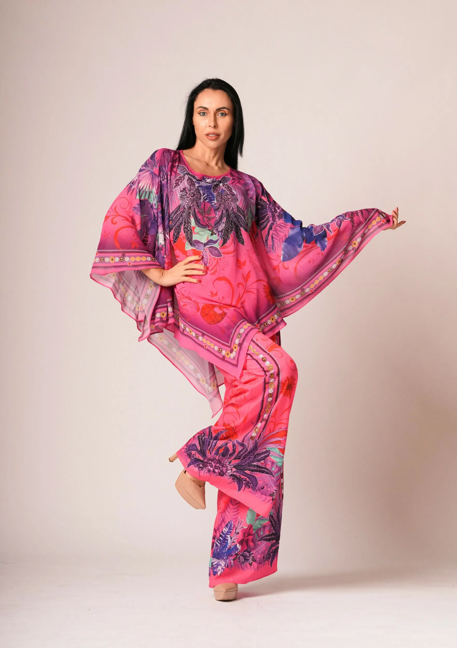 ELT Women Abaya Fuchsia Dress Printed Colorful Elegant Comfortable 9354 Model