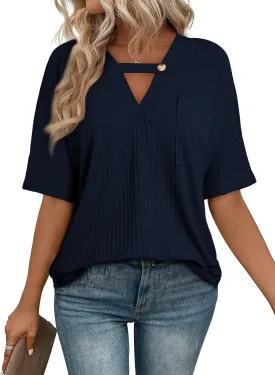 EVALESS Womens Summer Tops V Neck Short Sleeve Solid Loose Dressy Casual Basic T Shirts Tee Blouses