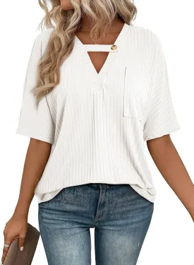 EVALESS Womens Summer Tops V Neck Short Sleeve Solid Loose Dressy Casual Basic T Shirts Tee Blouses
