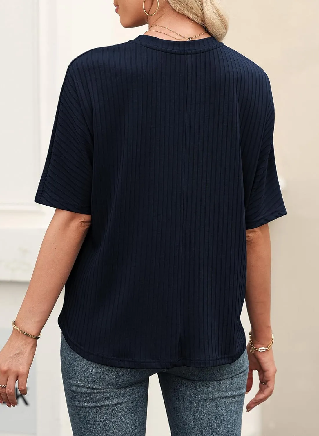 EVALESS Womens Summer Tops V Neck Short Sleeve Solid Loose Dressy Casual Basic T Shirts Tee Blouses