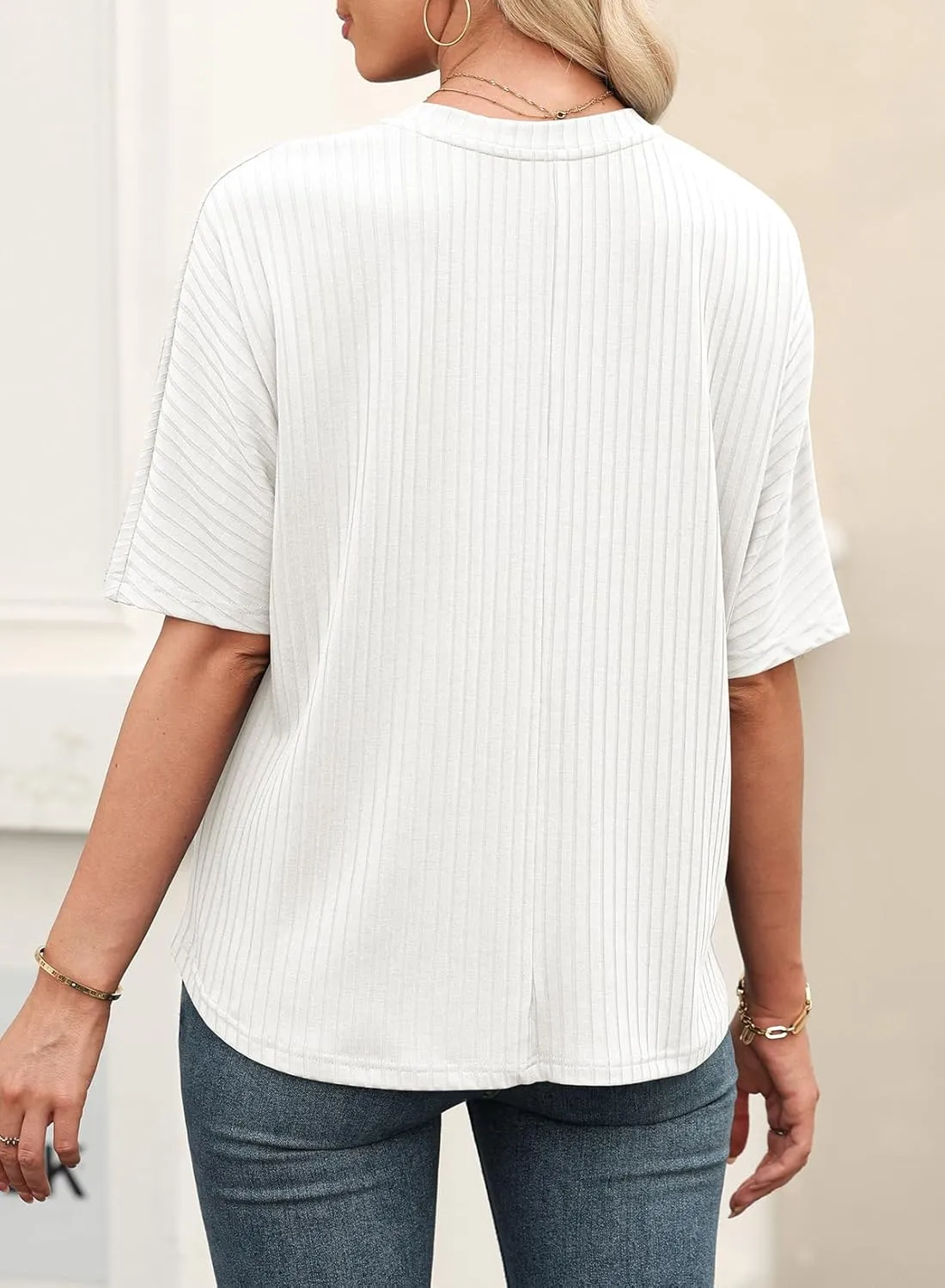 EVALESS Womens Summer Tops V Neck Short Sleeve Solid Loose Dressy Casual Basic T Shirts Tee Blouses
