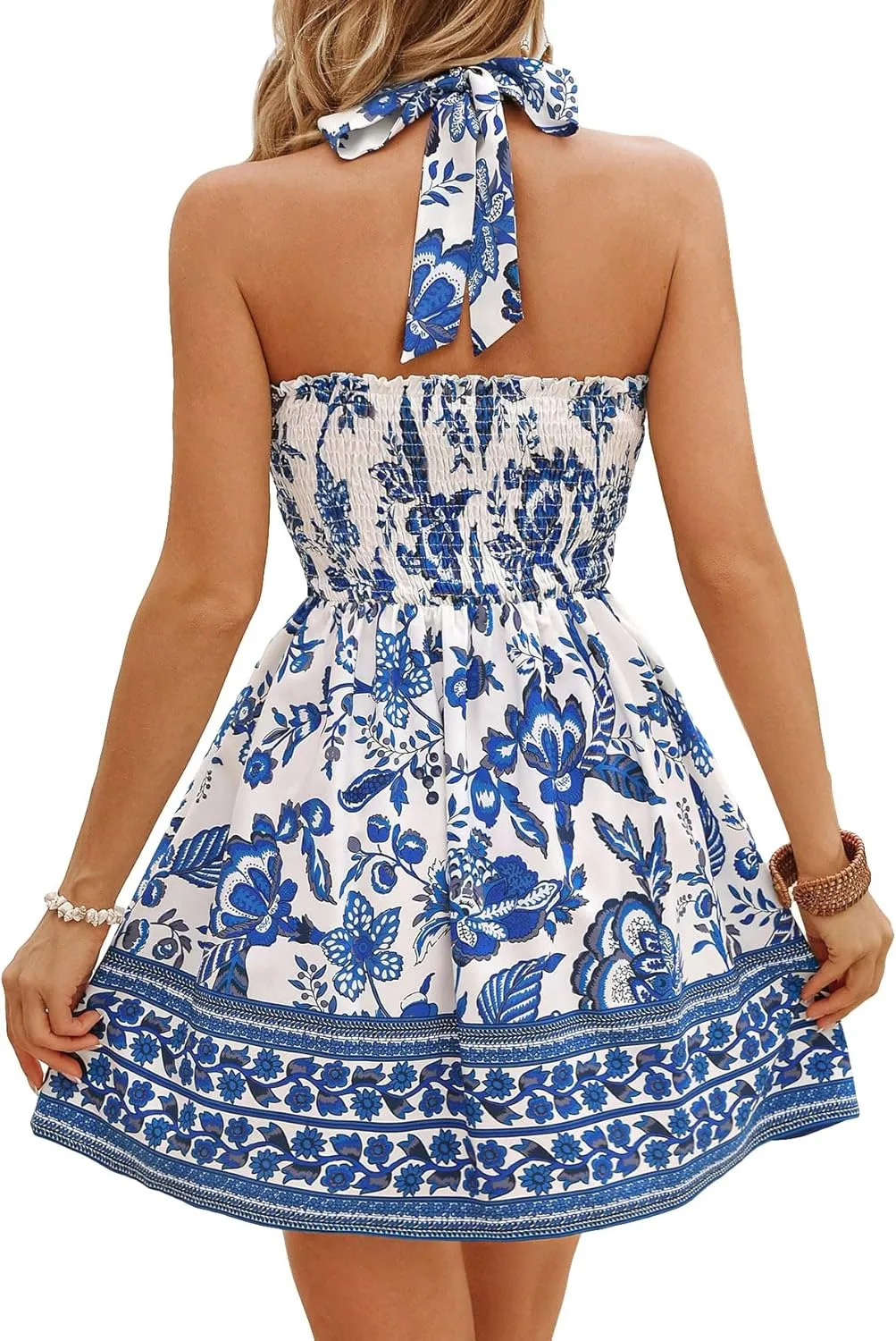 Floerns Women's Floral Print Sleeveless Halter Neck Tie Back Summer A Line Dress