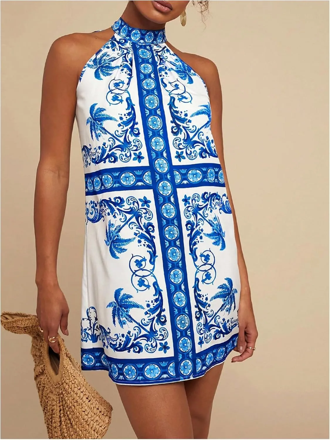Floerns Women's Sleeveless Floral Print Sundress Halter Neck A Line Short Dress