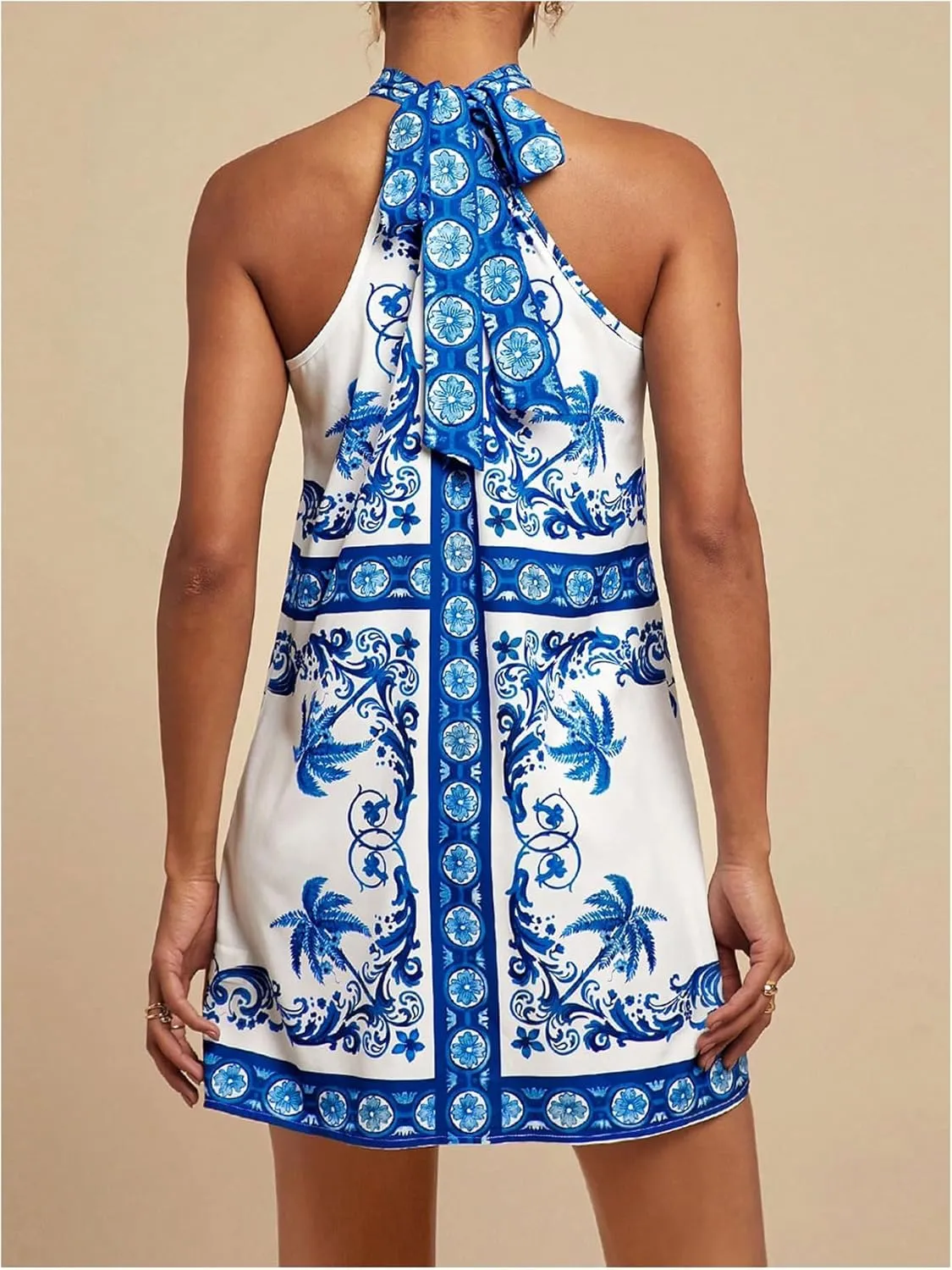 Floerns Women's Sleeveless Floral Print Sundress Halter Neck A Line Short Dress