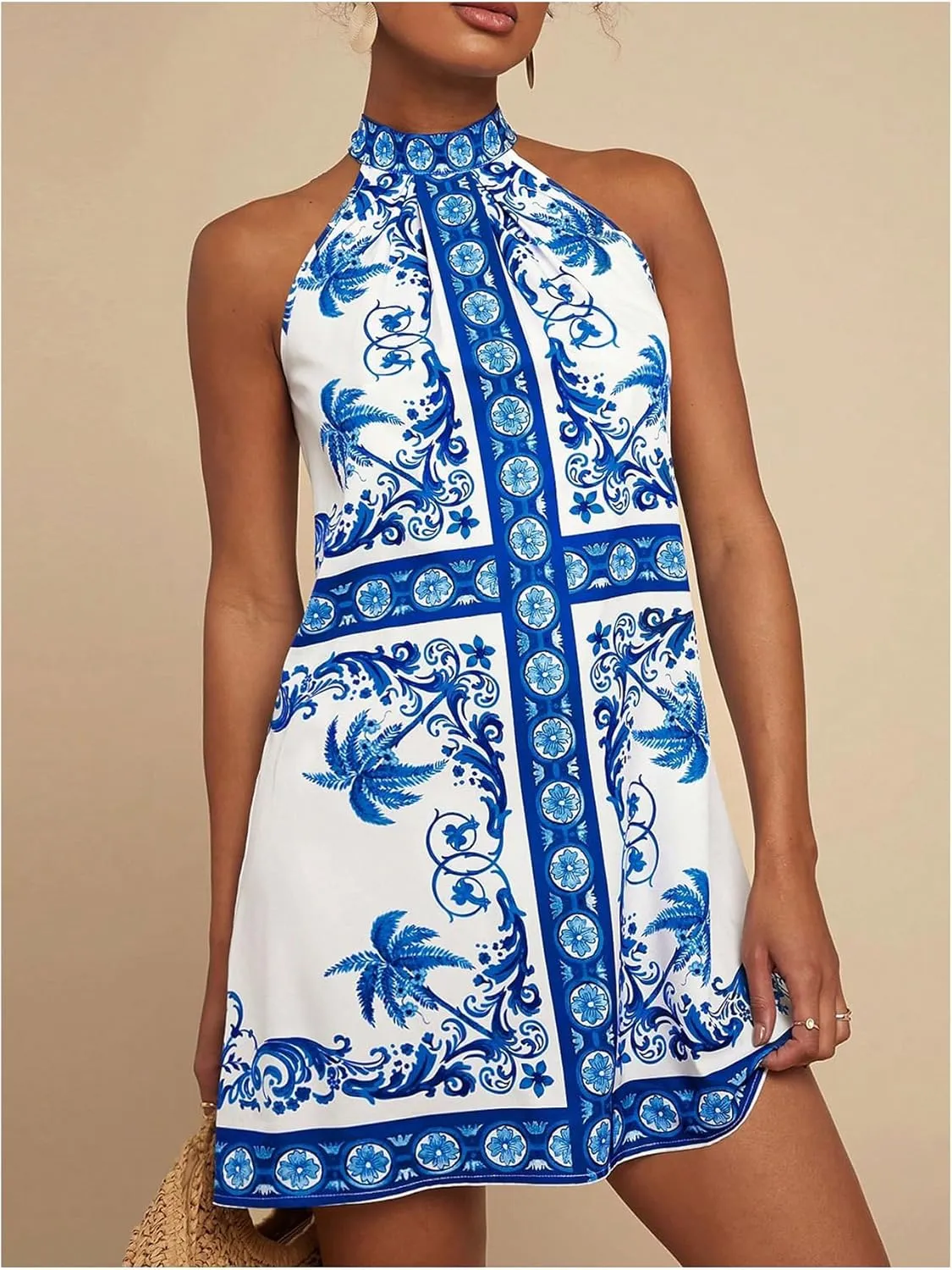 Floerns Women's Sleeveless Floral Print Sundress Halter Neck A Line Short Dress