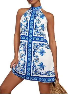 Floerns Women's Sleeveless Floral Print Sundress Halter Neck A Line Short Dress