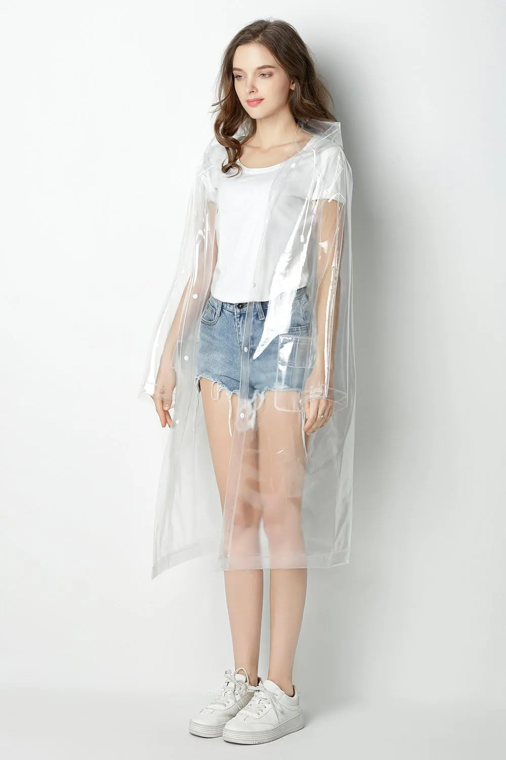 Freesmily Super Transparent Raincoat for Women Fashion EVA Waterproof Rain Poncho with Hood Drawstring