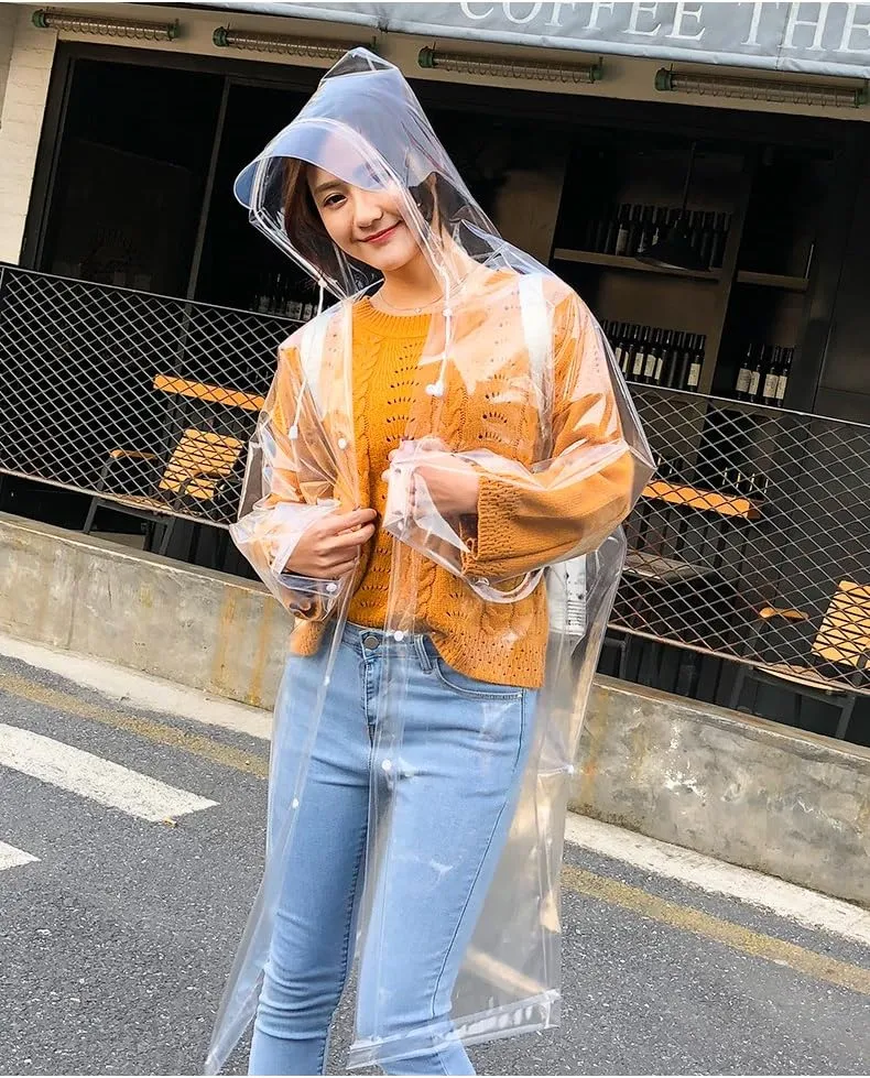 Freesmily Super Transparent Raincoat for Women Fashion EVA Waterproof Rain Poncho with Hood Drawstring