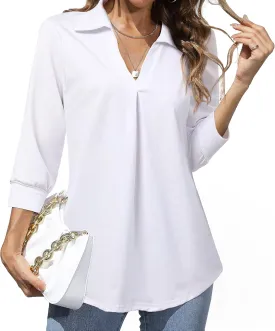 Heat Move Women's 3/4 Sleeve Length Tops Collared V Neck Shirt Dressy Casual Business Blouses for Work Professional