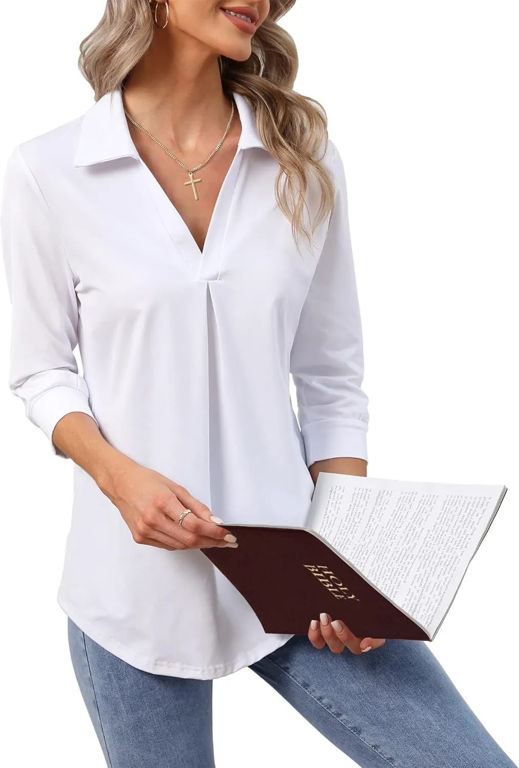 Heat Move Women's 3/4 Sleeve Length Tops Collared V Neck Shirt Dressy Casual Business Blouses for Work Professional