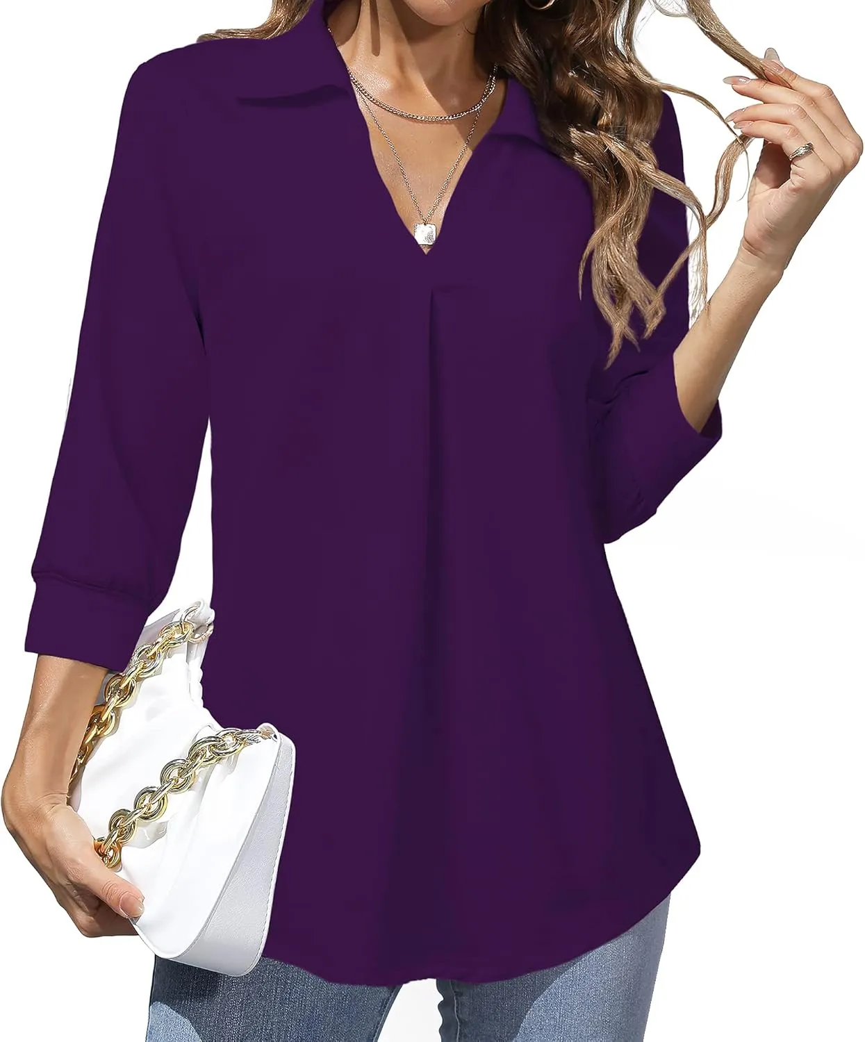 Heat Move Women's 3/4 Sleeve Length Tops Collared V Neck Shirt Dressy Casual Business Blouses for Work Professional