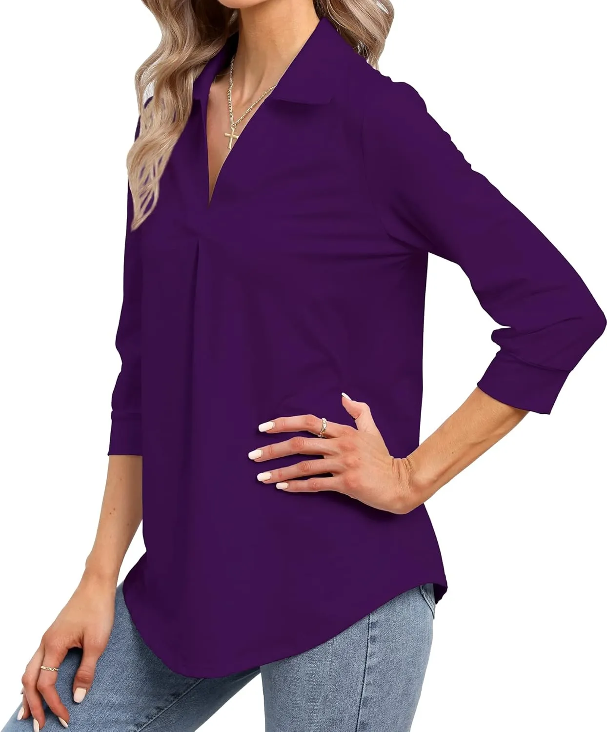 Heat Move Women's 3/4 Sleeve Length Tops Collared V Neck Shirt Dressy Casual Business Blouses for Work Professional