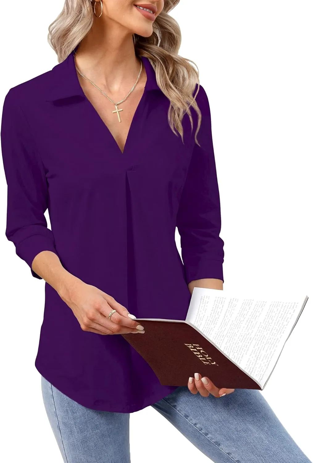 Heat Move Women's 3/4 Sleeve Length Tops Collared V Neck Shirt Dressy Casual Business Blouses for Work Professional