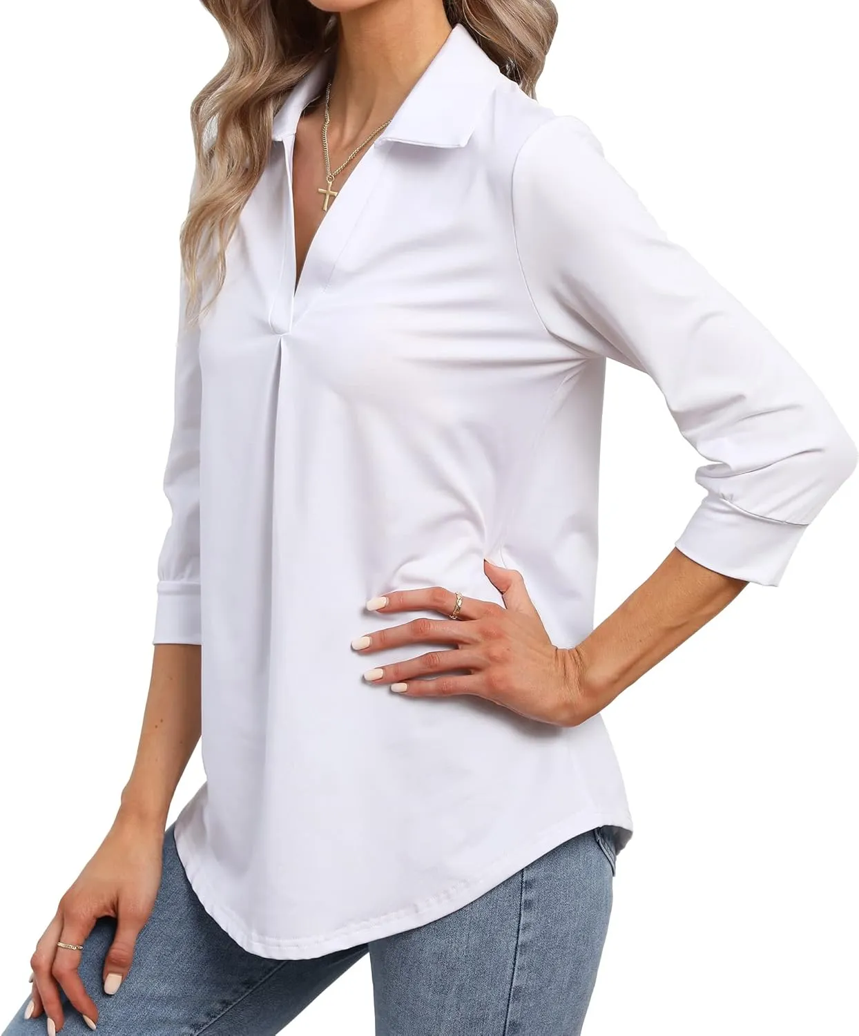 Heat Move Women's 3/4 Sleeve Length Tops Collared V Neck Shirt Dressy Casual Business Blouses for Work Professional