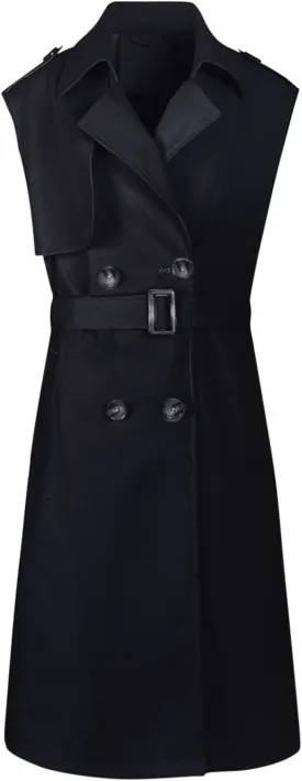 HGps8w Women's Chic Sleeveless Long Trench Coats Classic Lapel Double Breasted Mid-Length Belted Overcoat Dress Jacket