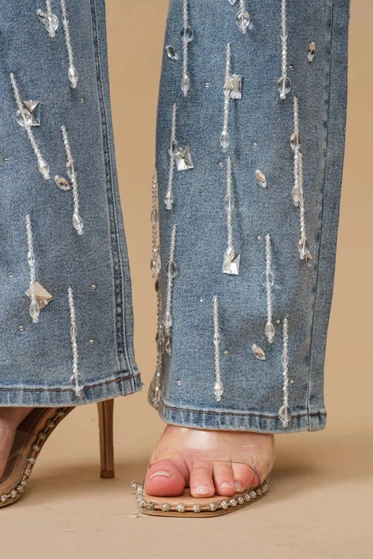 Hight Waist Clear Jewel Embellished Stretch Jeans