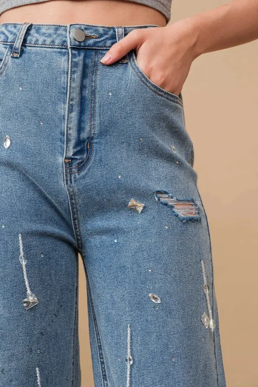 Hight Waist Clear Jewel Embellished Stretch Jeans