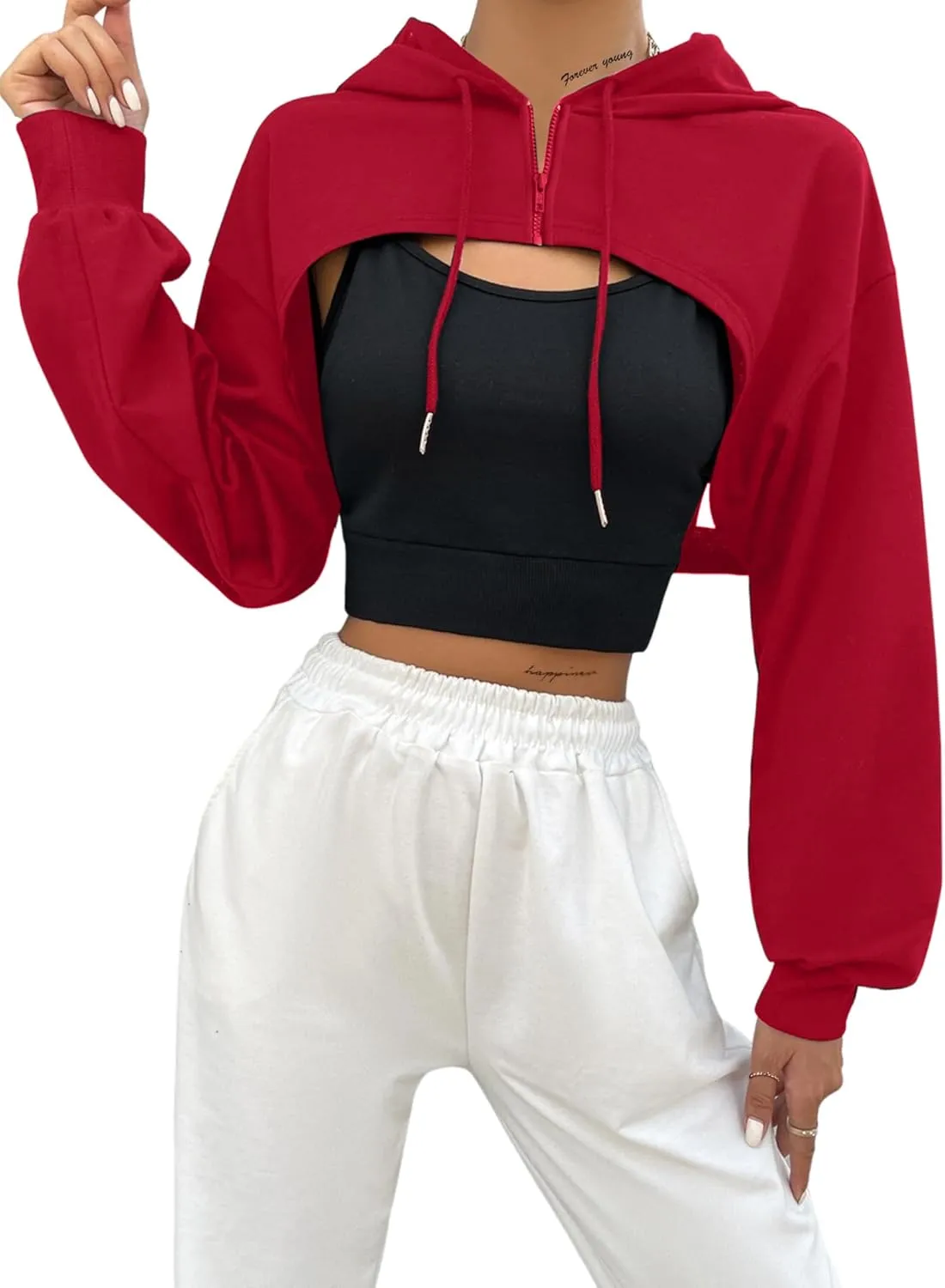 Hilinker Women's Zip Up Long Sleeve Cropped Hoodie Workout Drawstring Super Crop Tops